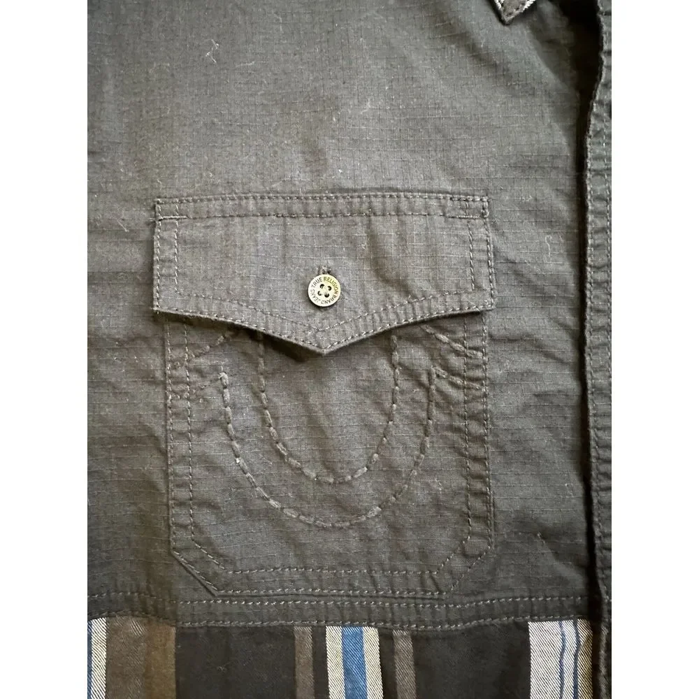 True Religion Shirt Mens‎ Medium Utility Flap Pocket Button Up Plaid Long Sleeve